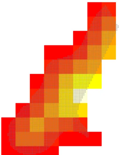 Figure 4: aggregation over meuse.grid distance values to a 400 m x 400 m grid