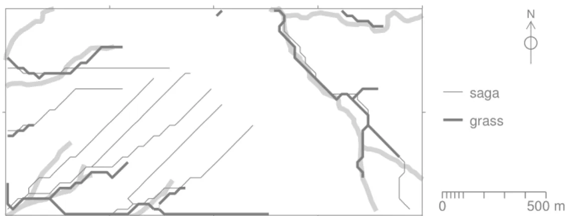 Figure 2. Hydrological networks extracted using the 1 arcsec SRTM DEM (DEMSRTM1.asc)  dataset in SAGA GIS and GRASS GIS, as compared to stream network digitized from the 
