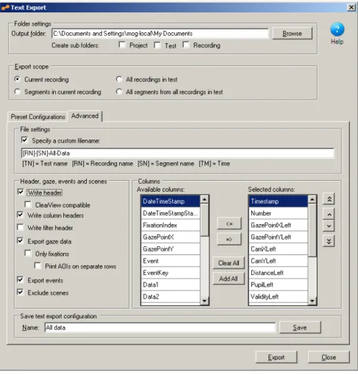 Figure 6. Text Export in Tobii Studio.