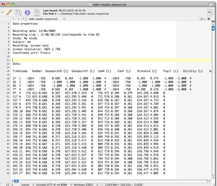Figure 7. Exported gaze file from Tobii Studio.