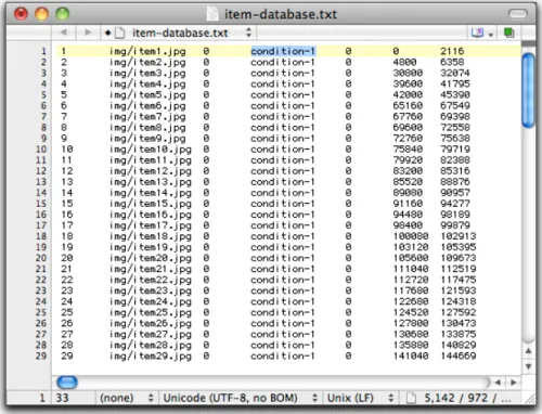 Figure 3b. Example of an item database file for data from an EyeLink eye tracker (SR  Research)