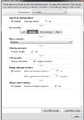 Figure 4. The Tobii Studio I-VT Fixation Filter dialog box. 