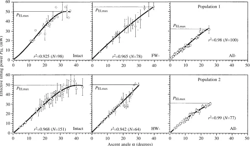 Fig. 6. Changes in the free ﬂight speed (mean ± Sanimals (open circles), after ablation ((ﬁlled circles) or after removal of all tegulae (open triangles; eachgroup contained 10 individuals)