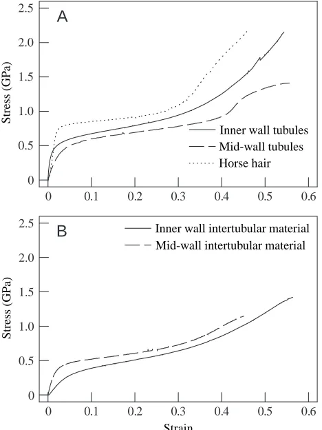 Fig. 9A,B with horse body hair samples. In all tensile tests,stress–strain curves showed an initially stiff, nearly linear