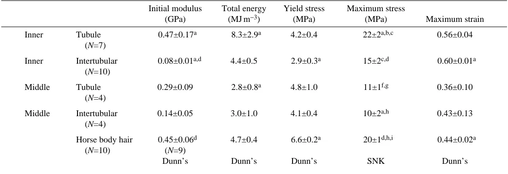 Table 1. Mean longitudinal mechanical properties for hoof wall macroscale components of tubule dimension and horse bodyhairs obtained just proximal to the hoof wall