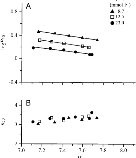 Fig. 1 (A) The haemocyanin O2the relationship between log(logbinding (-affinity of Gecarcoidea natalis andP50 (measured as kPa) and pH at differenttemperatures: 15°C, logP50=0.853−0.125pH (r2=0.819); 20°C,logP50=2.061−0.258pH (r2=0.953); 25°C, logP50=2.794