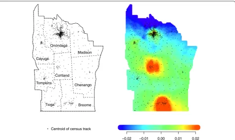 Figure 3 DBM applied to continuous (Side length = 0) and discrete data (Side length = 0.13, 0.20, 0.33, 0.50) applied with 10 pointscentered in the dark square (diameter = 0.2) and 90 points uniformly distributed in the unit disk (N = 20, p0 = 0.1), and correspondingAUC values.