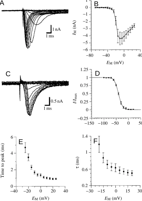 Fig. 8. Ca2+(D) Current/voltage relationship for steady-state inactivation of Itraces show test pulses to pulses between Values are means ±−steady-state activation of I current (ICa)