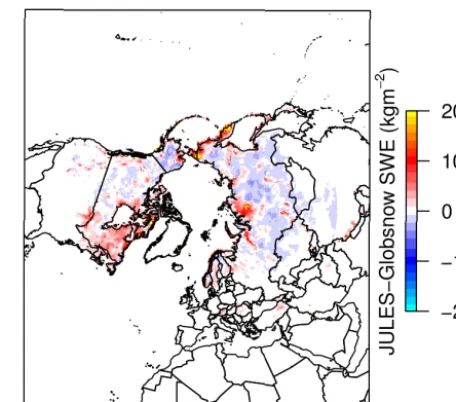 Figure 8. Comparison of Globsnow and JULES. Mean snow wa-ter equivalent (SWE) in Globsnow was subtracted from the JULESvalues over the same time periods
