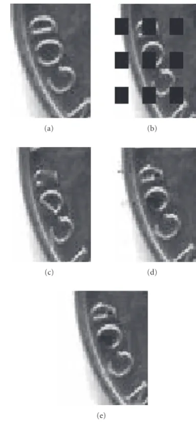 Figure 7: Visual quality comparison of three concealment schemes:(a) original image; (b) corrupted image; (c) recovered image usingGSB; (d) recovered image using OASI; and (e) recovered image us-ing the proposed classiﬁcation-based method.