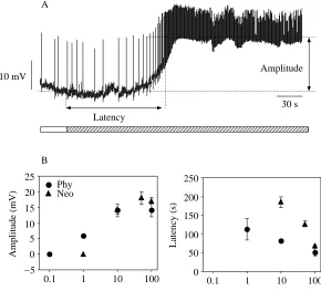 Fig. 1. Responses of Retzius neurons toacetylcholinesterase inhibitors. (A) A representativeresponse of a Retzius neuron, set at an initialmembrane potential of −60 mV, to 10µmol l−1neostigmine