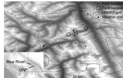 Figure 1. Map of Glacier National Park (GNP) with the locationsof ﬁeld campaigns, High-Resolution Deterministic Prediction Sys-tem (HRDPS) grid points, and weather stations (30 m digital eleva-tion model basemap from DMTI Spatial)