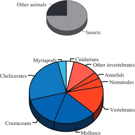Fig. 2. Relative phylogenetic distribution of hemocyanin andhemoglobin. The lower pie chart shows the relative distributionamong all animals except insects