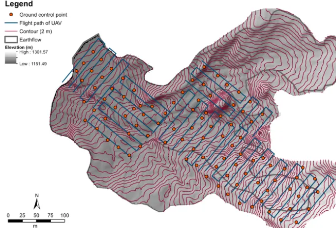 Figure 2. Settings of the UAV ﬂights and GCP location (example from the October 2015 survey).