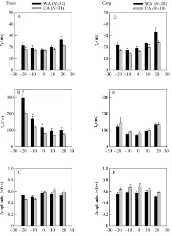 Fig. 6. Mean values of the time constants (τacclimation groups. WA, warm-acclimated;)of the fast (f) and slow (s) components of ICadecay in trout (A,B) and carp (D,E) ventricularmyocytes