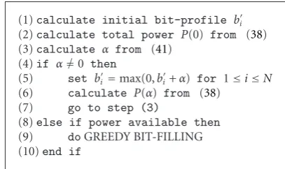 Figure 7 shows an example of bit and power allocation us-ing the CSA(6) standard ADSL loop in Table 47 of ANSIT1.413-1995 [36]