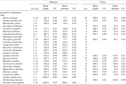Table 4. Within-species variation in trabecular dimensions for the humerus and femur
