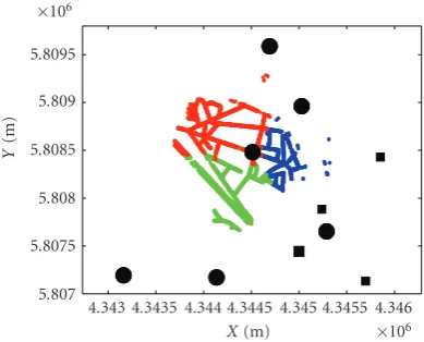 Figure 1: Geometry of the base stations in the experimental area.Base stations and indoor antennas are represented by solid circlesand squares, respectively.