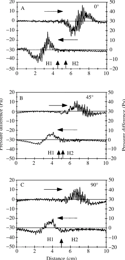 Fig. 7. Response of a mandibular lateral line nerve ﬁbre to the movingstimulus. (A) Lateral view of the head of the stargazer showing thetwo pores between which a vibrating stimulus showed a 180° phasereversal