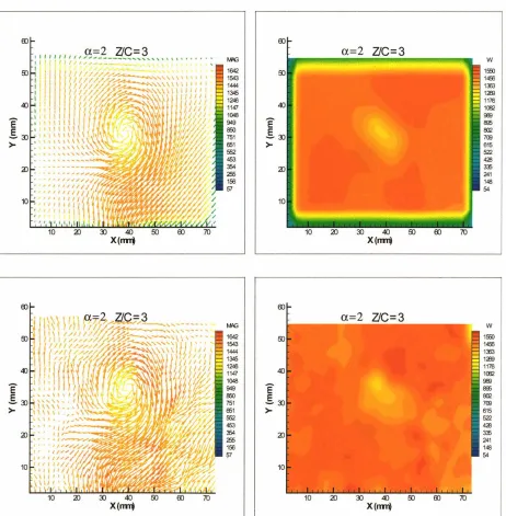 Figure 4.12. Velocity fields, z/c = 3, a= 2° (upper: average, lower: instantaneous) 