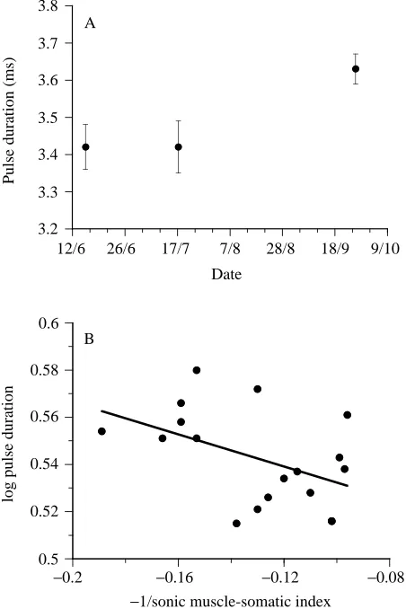 Fig. 6. (A) Mean pulse duration plotted against date (values are means± 1 PS.E.M. for six ﬁsh)