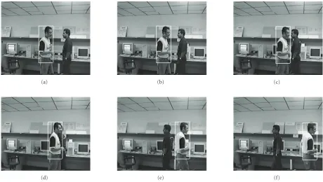 Figure 13: Results on tracking a full body (at t = 4,6,10,14,25,35) in a video sequence where two men are crossing each other.