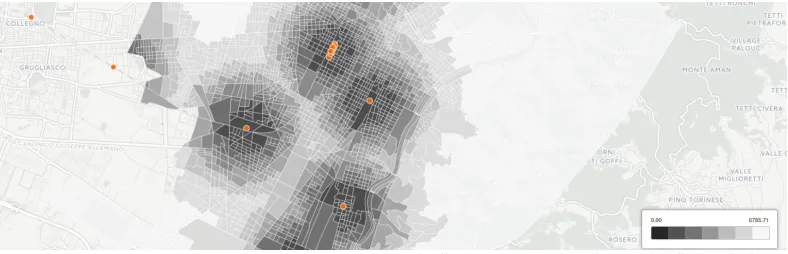 Figure 4: Census cells by distance to the closest railway station. Railway station featuresare overlaid to provide reference.