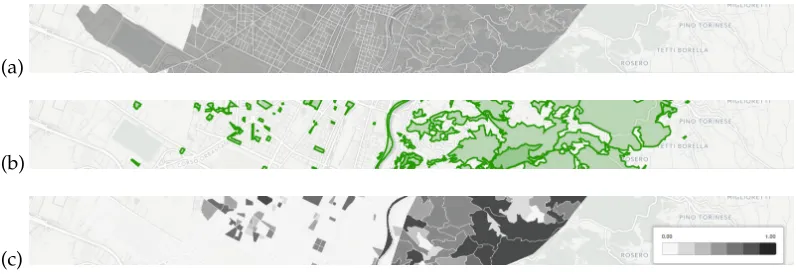 Figure 1: Computing green area coverage for the city of Turin requires (a) the input setwith the city’s census cells and (b) a POI set with green area polygons to produce (c) a mapusing the coverage ratio as the colouring variable.
