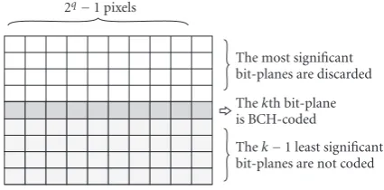 Figure 3: Bit-plane coding by means of the vector DSC coder. Thekth bit-plane is BCH-coded, whereas the k − 1 least signiﬁcant bit-planes are transmitted uncoded.