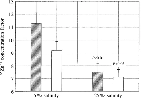 Fig. 3. Whole-body concentration factor [(cts min−Signiﬁcant differences between salinities within colour groups are1 g−1 freshmass)/(cts min−1ml−1seawater)] after 6 days of exposure to carrier-free65Zn2+ in green (hatched columns) and red (open columns) specimensof the shore crab Carcinus maenas acclimated to 5 or 25‰ salinity.Total N=29, 7–8 animals in each group; values are means + S.E.M.indicated (two-way ANOVA).
