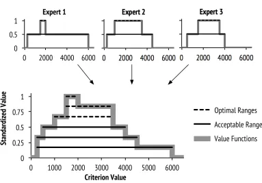 Figure 4: Value function for one criterion, as a result of the opinions of three experts