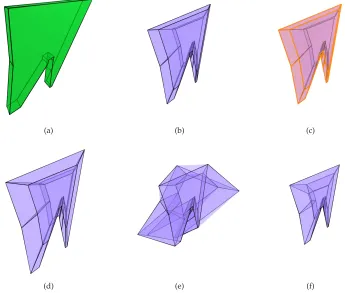 Figure 11:Starting from (a) a polyhedron which is extruded into (b) a prismatic poly-choron, 4D transformations can be applied to (c) one of its 3D bases, which is highlightedin orange