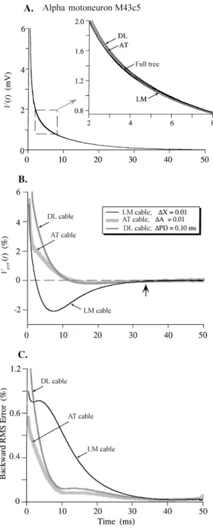 Figure 4. Plots of the disparity between transient responses pro- pro-duced in the full cell model versus in three equivalent cable  mod-els of an alpha motoneuron (cell M43c5)
