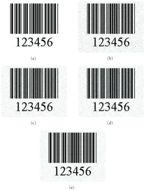 Figure 11: (a) BarCode image, (b) noisy image with Gaussian noise withdenoised image by ADF, PSNR σ = 0.05, (c) denoised image by wavelet, PSNR = 17.762, (d) = 16.940, and (e) denoised image by the proposed procedure, PSNR = 28.021.