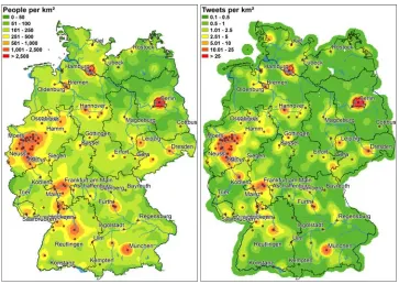 Figure 4: Comparison of population density and tweet density in Germany. Left: pop-ulation density (~80.5m people), right: tweet density on mobile devices with German asdetected language (period 9/2012–4/2013, ~500k tweets, cf