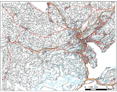 Figure 4: Transportation network of the TLM3D source dataset in the Lucerne test area.Highways shown by broad, orange lines; major roads (> 4 m) by red lines; minor roads(2–4 m) and paths by black lines; and trails (< 2 m) by light blue lines