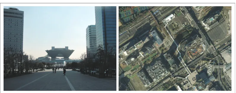 Figure 2: Number of visible vertical features is high in a horizontal photo (left) and low in asatellite image (right, same region c⃝ 2012 Google, Digital Earth Technology, DigitalGlobe,GeoEye, The Geoinformation Group, ZENRIN) [28].
