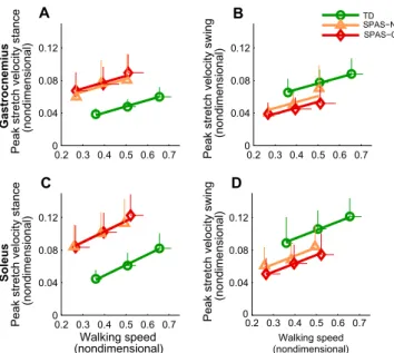 Fig. 5. Peak muscle–tendon stretch velocities in (A, C) stance and (B, D) swing as a function of nondimensional walking speed for gastrocnemius (top row) and soleus (bottom row)