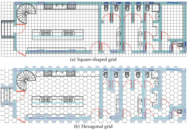 Figure 3: Grid tessellation of a ﬂoor plan based on either (a) square or (b) hexagonal cells.