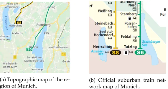 Figure 1: Example of polygonal landmarks usage in schematic maps. It indicates that lineS8 goes towards the Ammer lake, and the line S6 passes along the Starnberger lake.