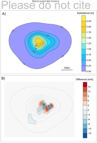 Figure 7: Results of subsidence prediction - A) terrain subsidence [m]; B) subsidence  difference [mm] 