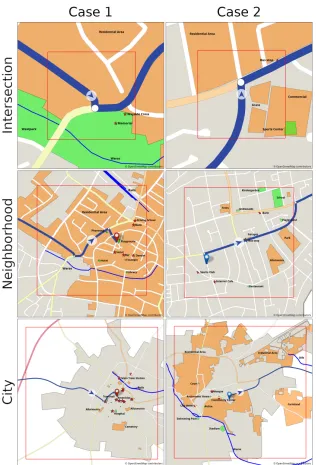 Figure 3: Results for the three prototypical contexts and two use cases.Features arehighlighted as follows: administrative regions–gray, environmental regions–orange, pointlandmarks–red, linear landmarks–blue, areal landmarks–green.