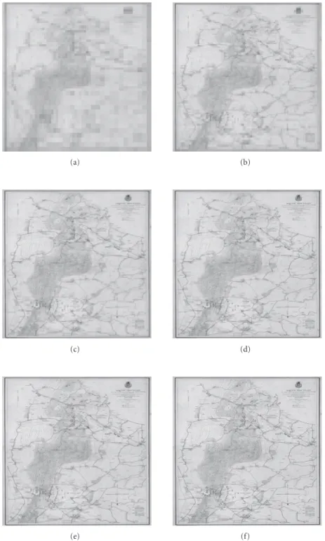 Figure 13: Progressive reconstruction of Military Map2 using any 4 out of 6 shadows and with the following percentages of coeﬃcients, and the resulting PSNR: (a) 1%, 22 .19 dB, (b) 5%, 23.48 dB, (c) 15%, 24.85 dB, (d) 25%, 28.09 dB, (e) 50%, 31.21 dB, (f) 
