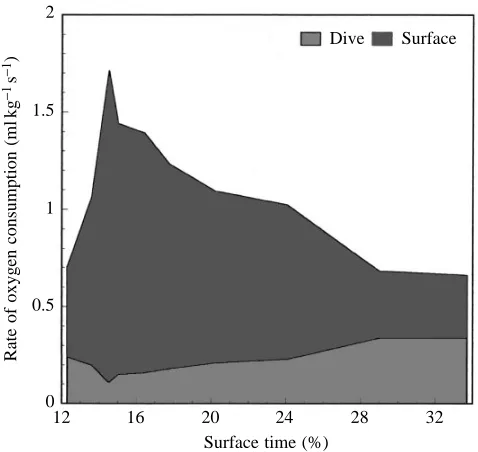 Fig. 7 shows the values obtained for ato percentage surface time. The rate of oxygen uptake attheoxygen consumption during the dive reaches a minimum(0.11mlkg14.5% (uptake at the surface is lower, while O and b with respectsurface reaches a maximum (1.7mlk