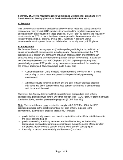 Summary of Listeria monocytogenes Compliance Guideline for Small and ...