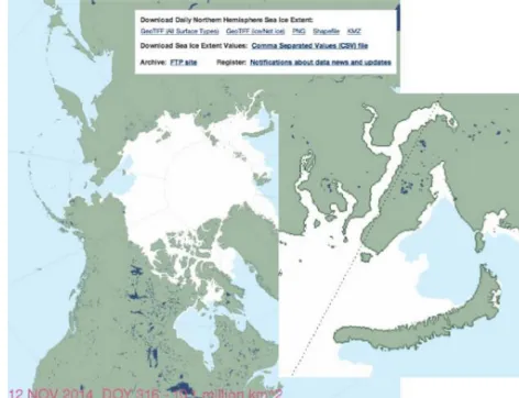 Figure 3. Sample MASIE product (with zoomed Kara Sea regioninset on right) valid on 12 November 2014