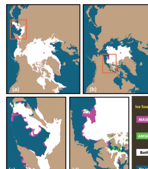 Figure 4. AMSR2 and IMS/MASIE ice extent differences during(a) 15 March 2014 – winter and (b) 15 September 2014 – summer.Magenta: IMS/MASIE shows ice where AMSR2 does not show icegreater than 15 %