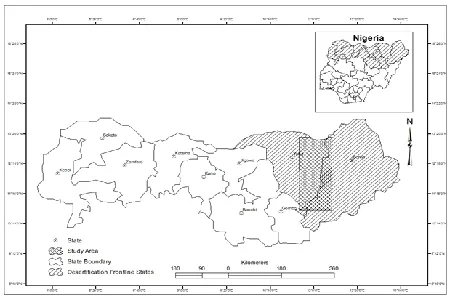 Fig 1: Desertification Frontline States Showing the Study Area   Source: Ndabula, 2015  