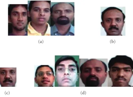 Figure 1: (a) Face segmented using skin colour regions (b) full face(c) closely cropped face (d) faces of various shapes.