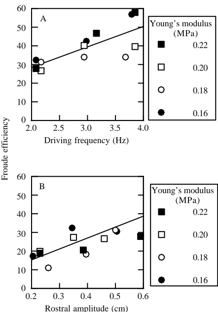 Fig. 8. Froude efficiency of swimming models. This variable is theYoung’s modulus (MPa)the importance of body stiffness